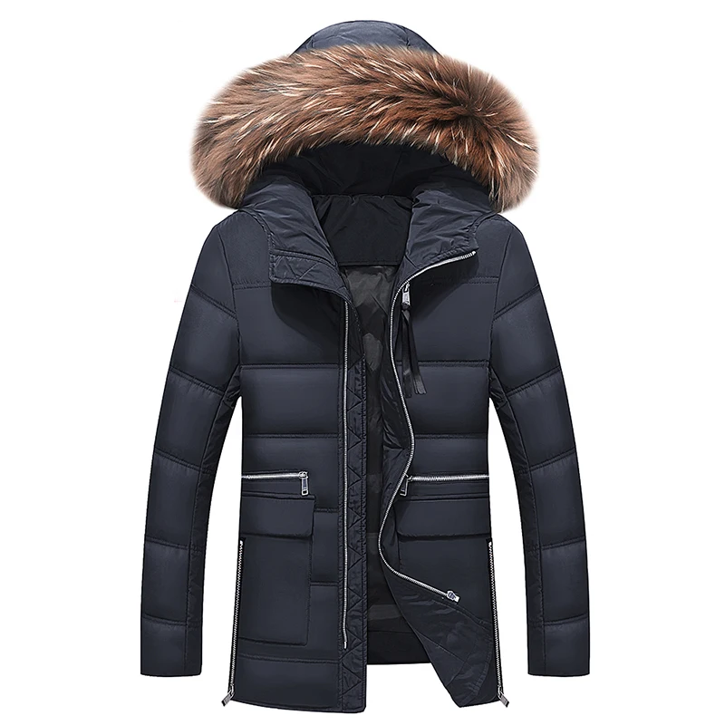 

Новинка зимы, плотная мужская куртка с Для мужчин теплое пальто куртка Для мужчин большой натуральный меховой воротник пуховик с наполните...
