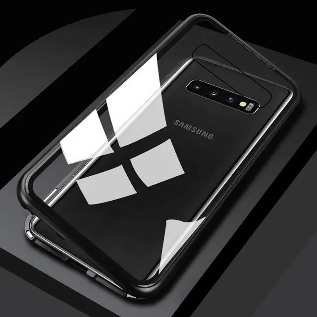Адсорбционный магнит, флип-чехол для samsung Galaxy S10 Plus, чехол на магните, металлический, прозрачный, закаленное стекло, чехол для samsung S10 Plus S10e - Цвет: Черный
