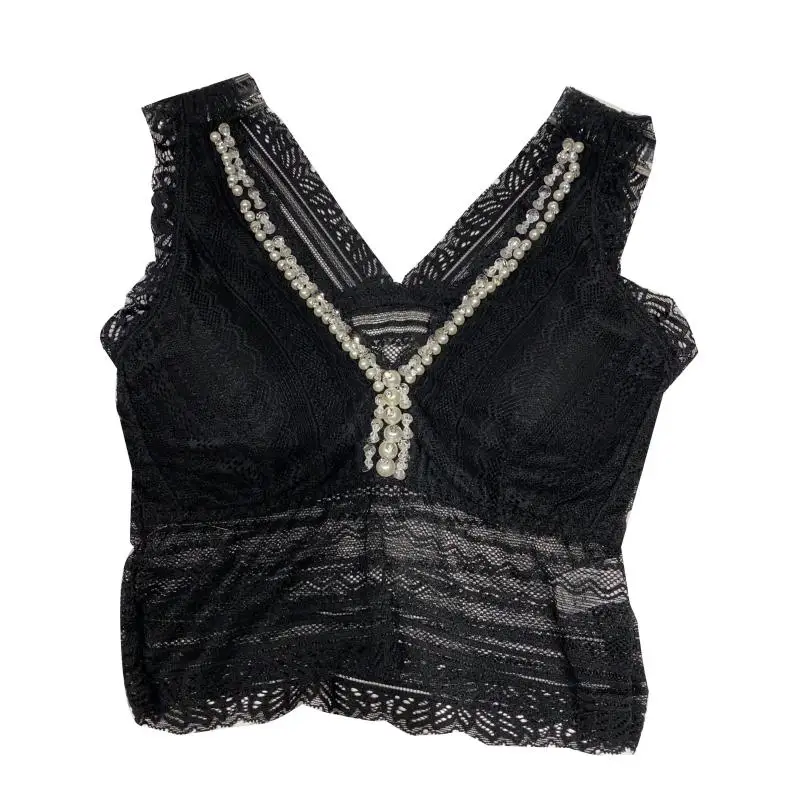 

2020 New Women Camis Pearl Tassel Chain Nail Pearl Lace Lace Sexy Breast Pad Suspender Vest For Women