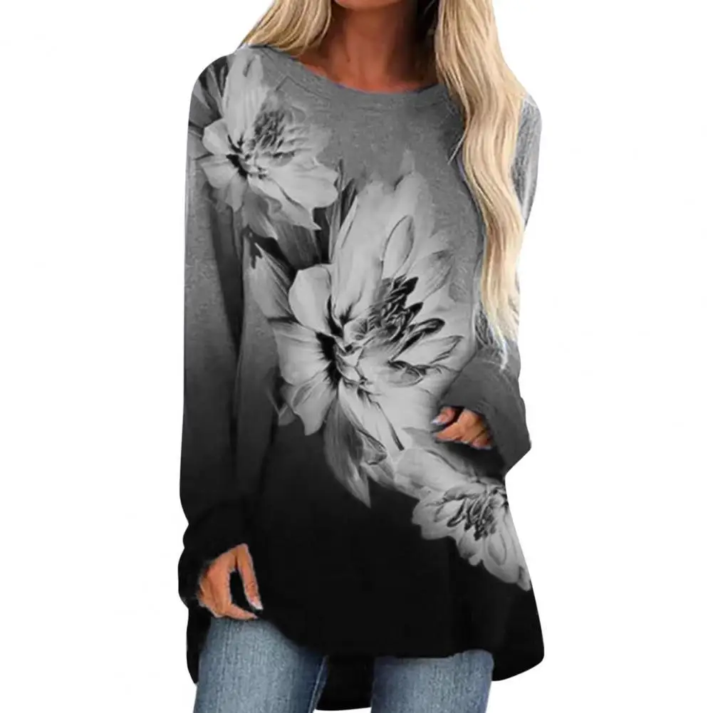 

Plus Size 3XL Women Floral Print Irregular Hem Tshirt Vintage Long Sleeve T-Shirt Tops O-Neck Tee Shirt Tunic Clothes Mujer