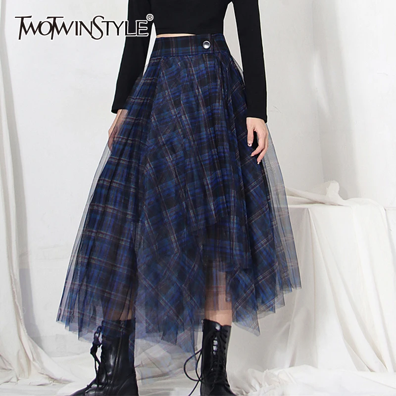 

TWOTWINSTYLE Casual Hit Color Plaid Skirt For Women High Waist Plaid Elegant Korean Skirts Female Fashion New Clothing 2022