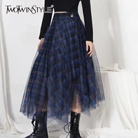 twotwinstyle casual hit color plaid skirt for women high waist plaid elegant korean skirts female fashion new clothing 2021 tide