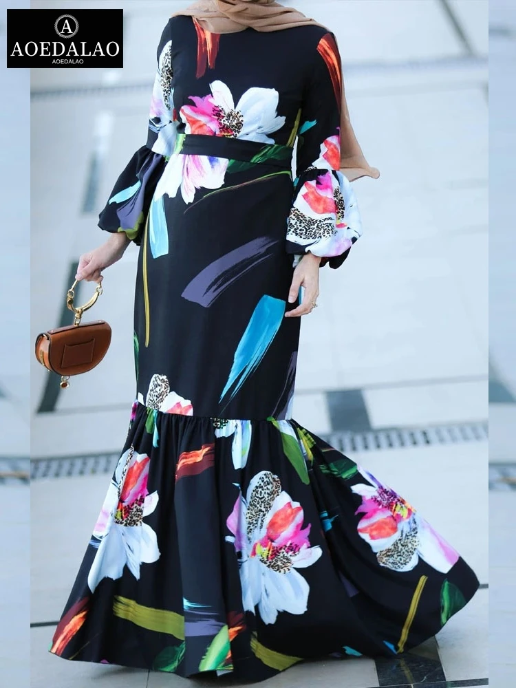 Baju Muslim Wanita Fashion Lentera Lengan Panjang Etnis Cetak Abaya Turki Malaysia Indonesia Asia Tenggara Pakaian Jubah