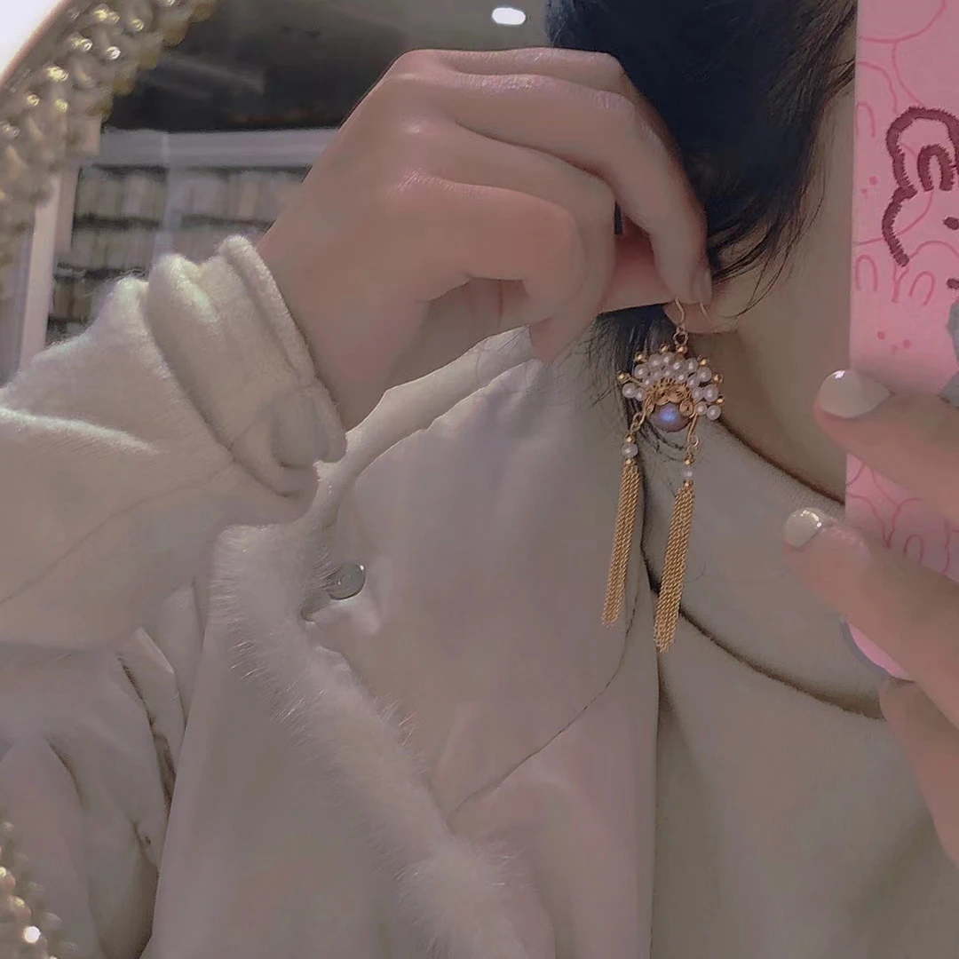 

Freshwater 10-11mm Pearl Earring Gold Filled Handmade Beijing Opera Drop Dangling Tassel Earrings Fine Jewelry Gift for Women