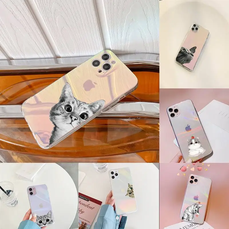 

Cat Cute and cool Phone Case for iPhone huawei P 7 8 9 11 12 10 30 40 S X XS XR MINI Pro Max Plus laser Transparent