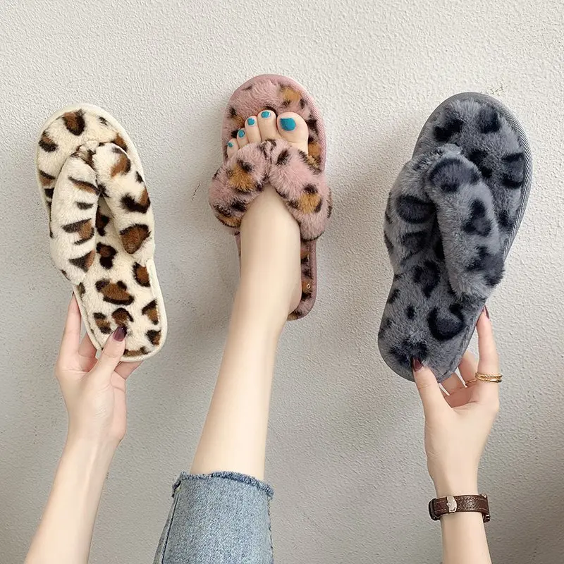 

New Fashion Fluffy Open Toe suede Womens slippers Leopard Print Flip-flops Soft Bottom home slippers for Comfortable slippers