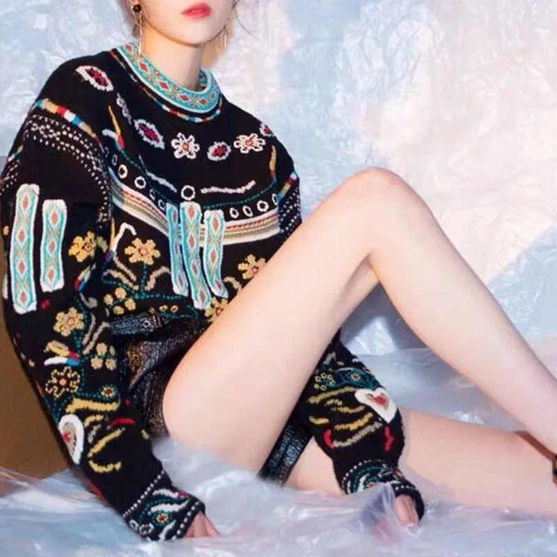 Runway Sweater Women Luxury Brand Design Elegant Vintage Embroidery Loose Knitted Pullovers Tops Mujer pull femme nouveaute 2019 | Женская