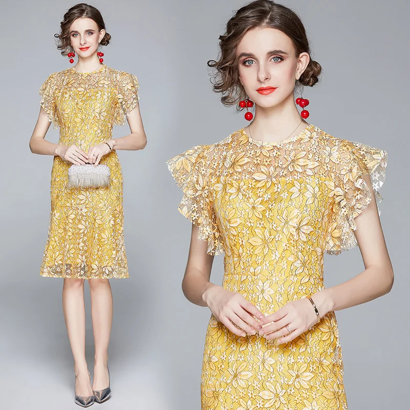 

Simgent Mermaid Dress Women Ruffle Sleeve Elegant Party Office Knee Length Yellow Lace Dress Vestidos Robe Dentelle Jurk SG07281