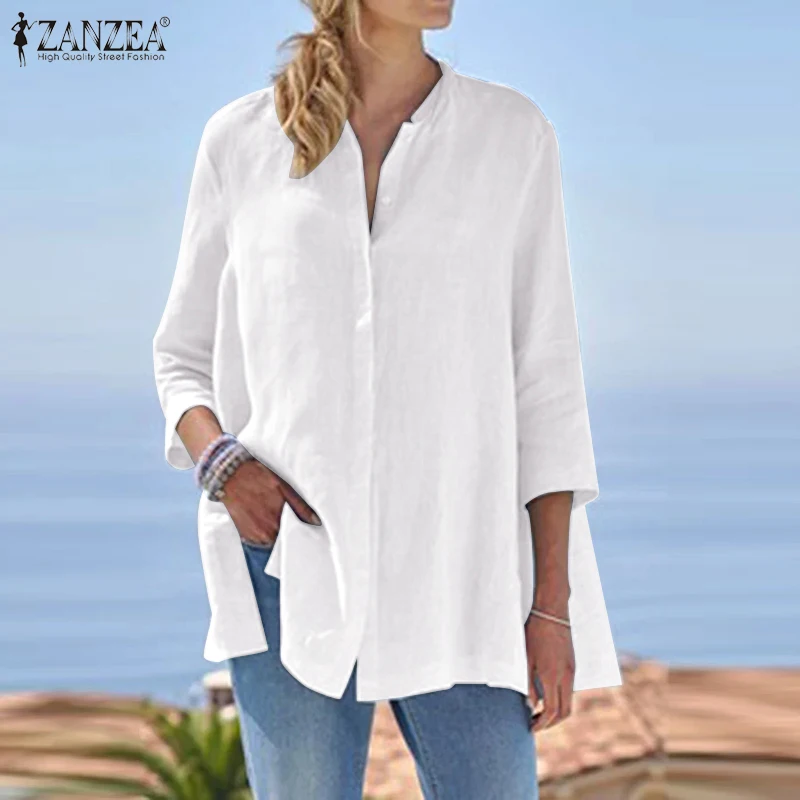

Womens Summer Blouse ZANZEA 2021 Fashion Solid Shirts Casual 3/4 Sleeve Button Blusas Female Split Tunic Oversized Chemise
