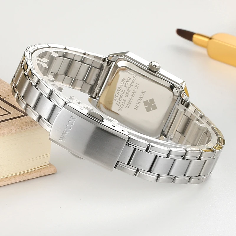 

WWOOR Brand Women Watches Square Watch for Women Quartz Analog Simple Clock Ladies Waterproof Silver Stainless Steel Wrist Watch