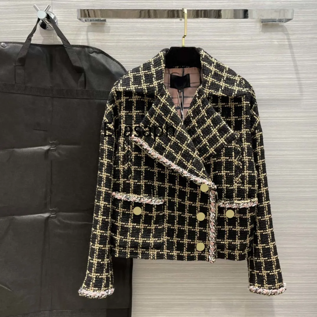 

Женская твидовая куртка в стиле ретро, модные клетчатые куртки с отложным воротником и длинными рукавами, куртки с большими карманами, весн...