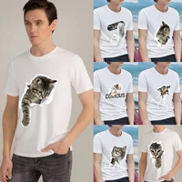 classic men t shirt fashion casual simple mens clothing o neck cat print series commuter wear comfortable mens white slim top