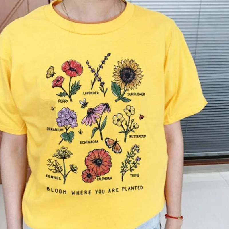 Фото Женская футболка с изображением цветов и в стиле Харадзюку футболки из хлопка