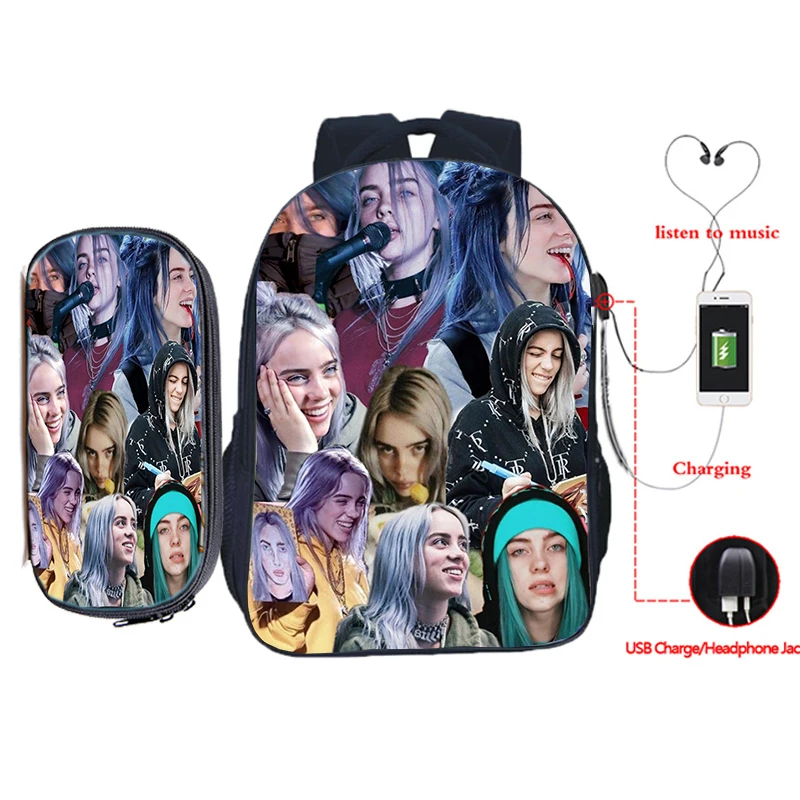 Billie Eilish рюкзак для зарядки через usb 2 шт./компл. школьная сумка для подростков мальчиков и девочек рюкзак для ноутбука пенал Дорожная сумка на плечо
