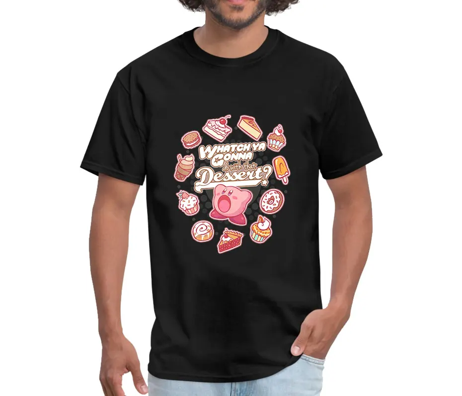 Футболка унисекс Kirby Whatch будет делать с десертом качество хлопка с круглым воротником для отдыха мультфильм дизайн La Camiseta