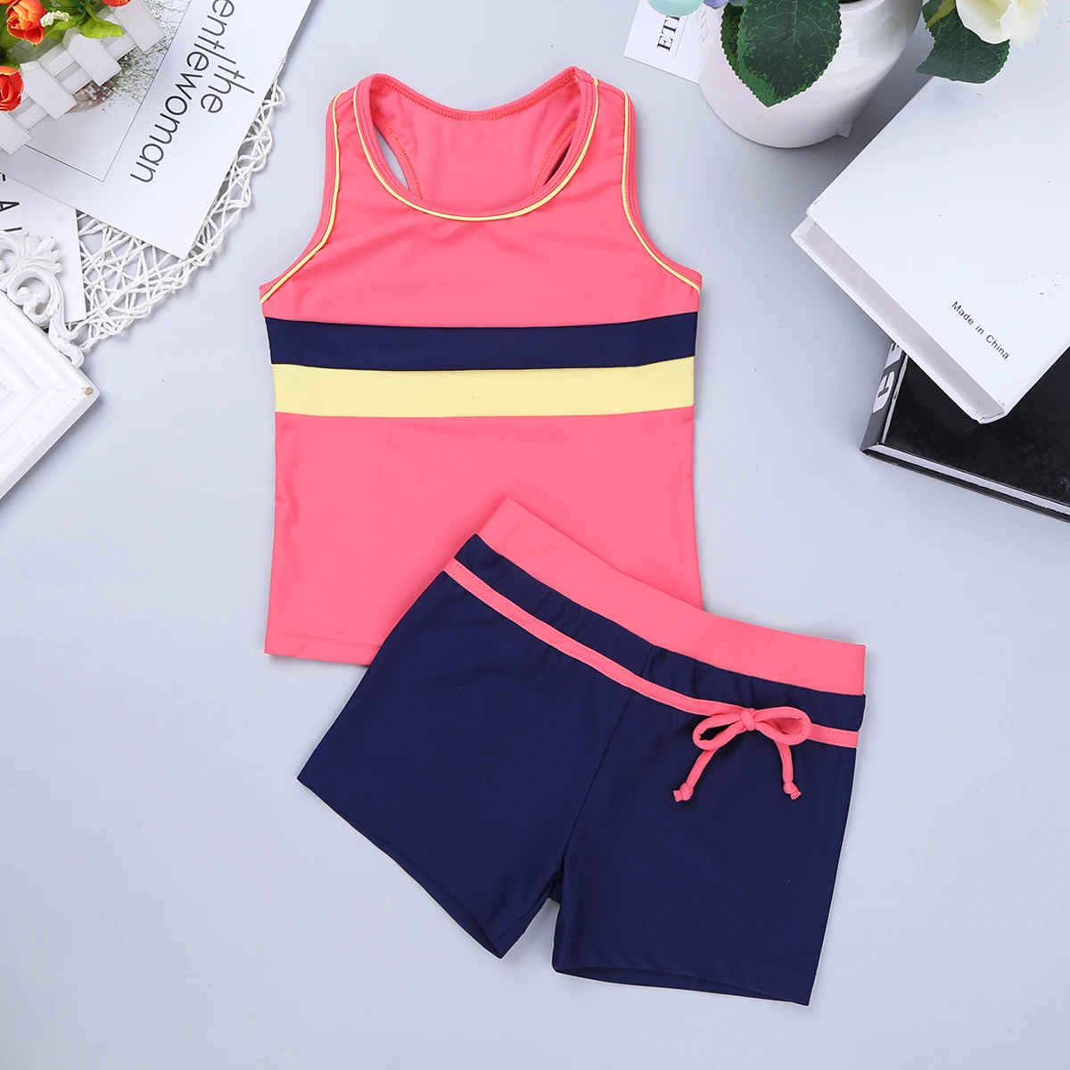 

Girls Tankini Swimsuit Two Pieces Swimming Suit Kids Swimwear Sleeveless Round Neckline Swimsuit Tops with Bottoms Bathing Suit