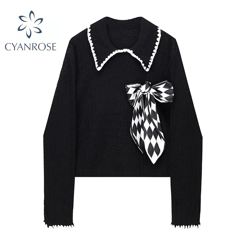 

Women's Sweet Knitted Pullovers Korean Bow Peter Pan Collar Long Sleeve Sweater For Women 2021 Autumn New Elegant Knitwear Top