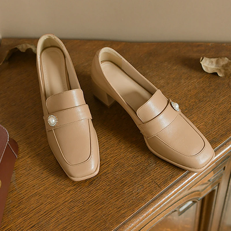 Туфли-лодочки женские из натуральной кожи на толстом высоком каблуке без