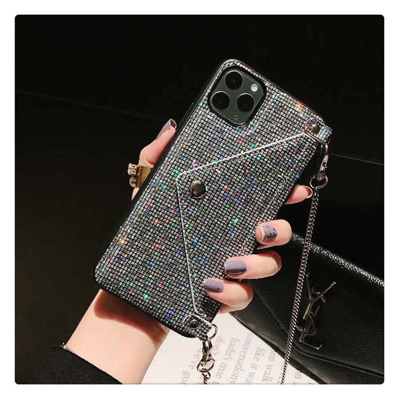 

Блестящий чехол-кошелек через плечо для iPhone 13 12 11 Pro Max 13 12 Mini 7 8 Plus XR X XS Max 6 6S Plus, блестящий чехол