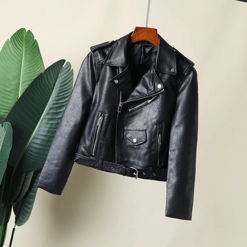 

2020 Women Faux Leather Jacket Spring Autumn Slim Biker PU Leather Jacket Ladies Black Short Coats Female Outerwear