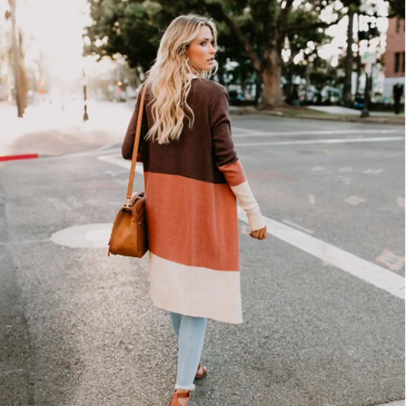Autumn and winter casual long-sleeved three-color stitching cardigan women's clothing |