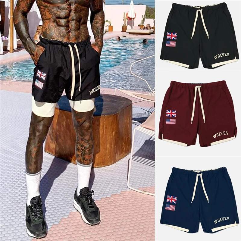 

Мужские летние спортивные шорты, двухслойные Бермуды для фитнеса, бега, тренировок, бодибилдинга, быстросохнущие короткие штаны