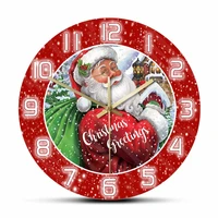 christmas vintage santa clause wall clock for kids living room greetings with sack red design snow holiday home decor wall watch