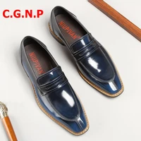 c g n p men loafers blue patent leather loafer shoes breathable square toe men dress shoes casual shoes office wedding shoes
