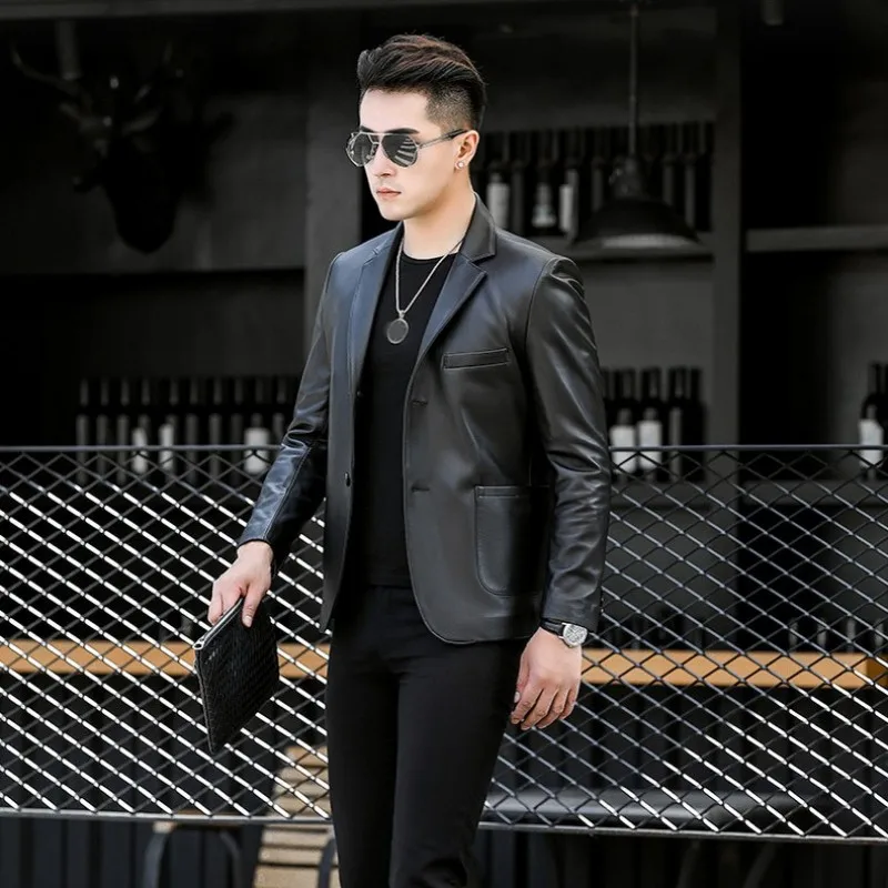 

Men Real Brand Leather Blazer Long Sleeve Business Casual Formal Coat Plus Size 4XL Street Multi-pocket Sheepskin Suit Jacket