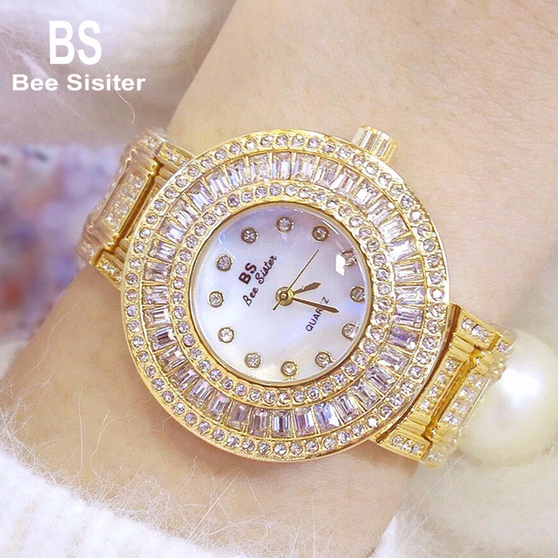 Фото Bs Bee Sister кварцевые часы с большим циферблатом и бриллиантами Женские из розового
