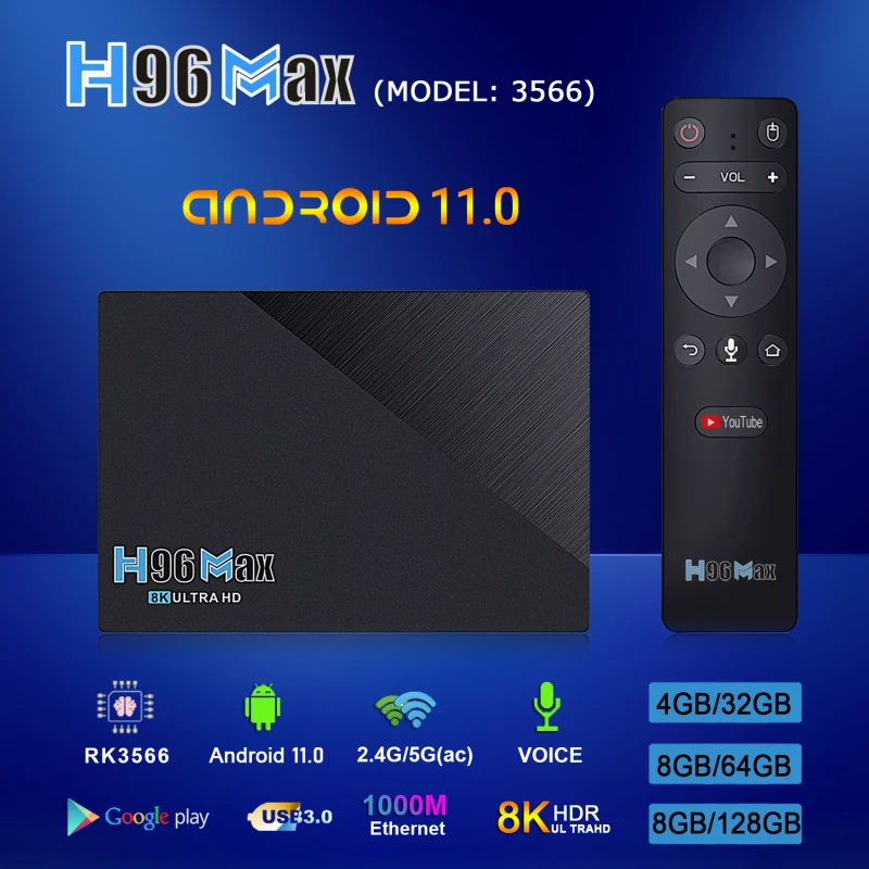 

H96 MAX RK3566 Smart TV Box Android 11 4G 4GB 32GB 8K Youtube Media Player H96MAX TVBOX Set Top Box