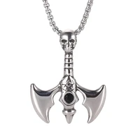 punk male jewelry creative stainless steel axe skull pendant men necklace with square pearl chain fashion man necklace sp0052