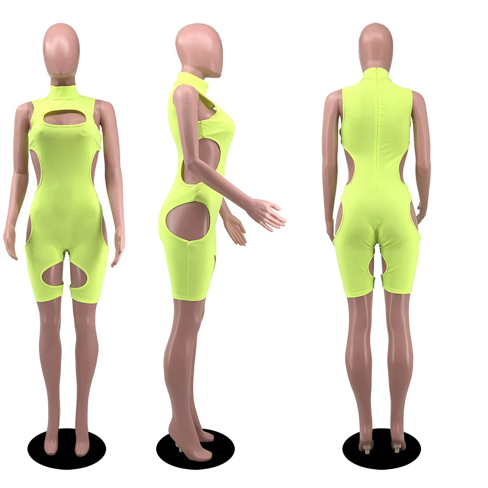 

Solid Sleeveless Cut Out Bodycon Playsuit Women Fitness Sportwear Rompers Summer Sexy Bandage V Neck Night Party Outfi Jumpsuit
