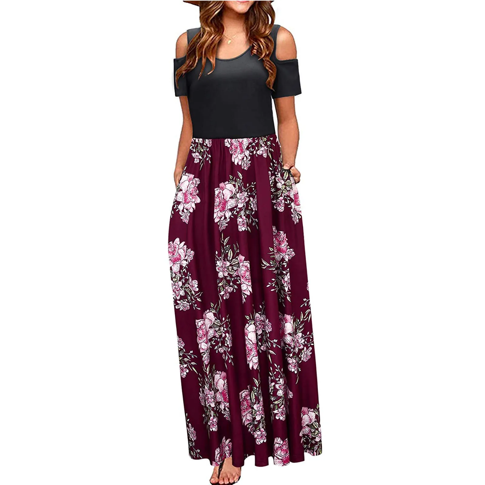 

robe longue Women' Cold Shoulder Pocket Floral Print Elegant Maxi Short Sleeve Casual Dress robe femme