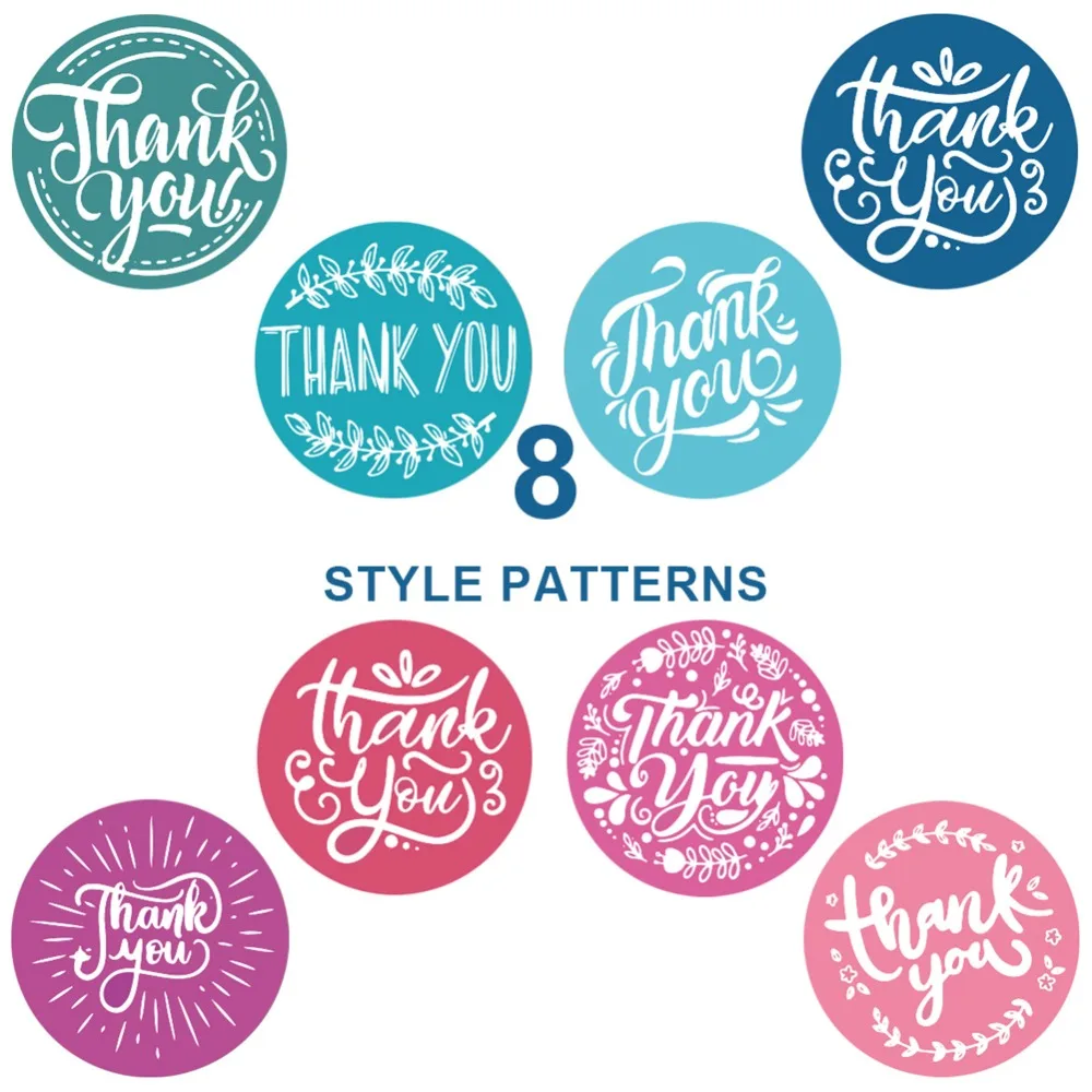 

500x 8 Patterns Thanks Stickers Gift Bouquet Round 1 inch THANK YOU Sealing 2.5cm/1in Label Sticker Birthday Party Favors Lable