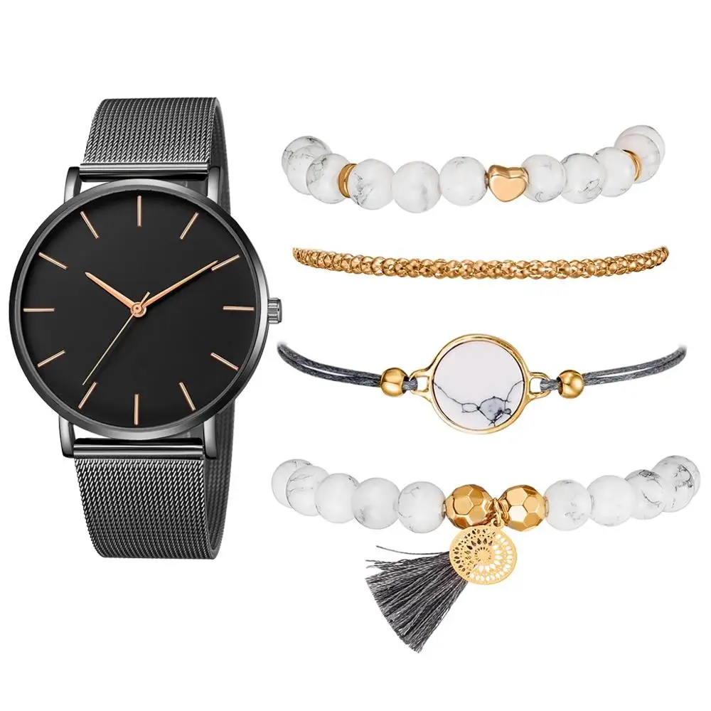 As Show Watch Set Новые Модные Элегантные женские часы, 5 шт. в наборе, браслет, кварцевый механизм, простые, водонепроницаемые, розовое золото, сетка, женские часы, Relogio Feminino - Цвет: As Show Watch Set