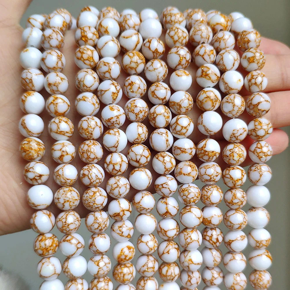 

White Howlite Gold Line Turquoises Stone Round Loose Beads For Jewelry Making DIY Bracelet Accessories 4 6 8 10 12mm 15"Strand
