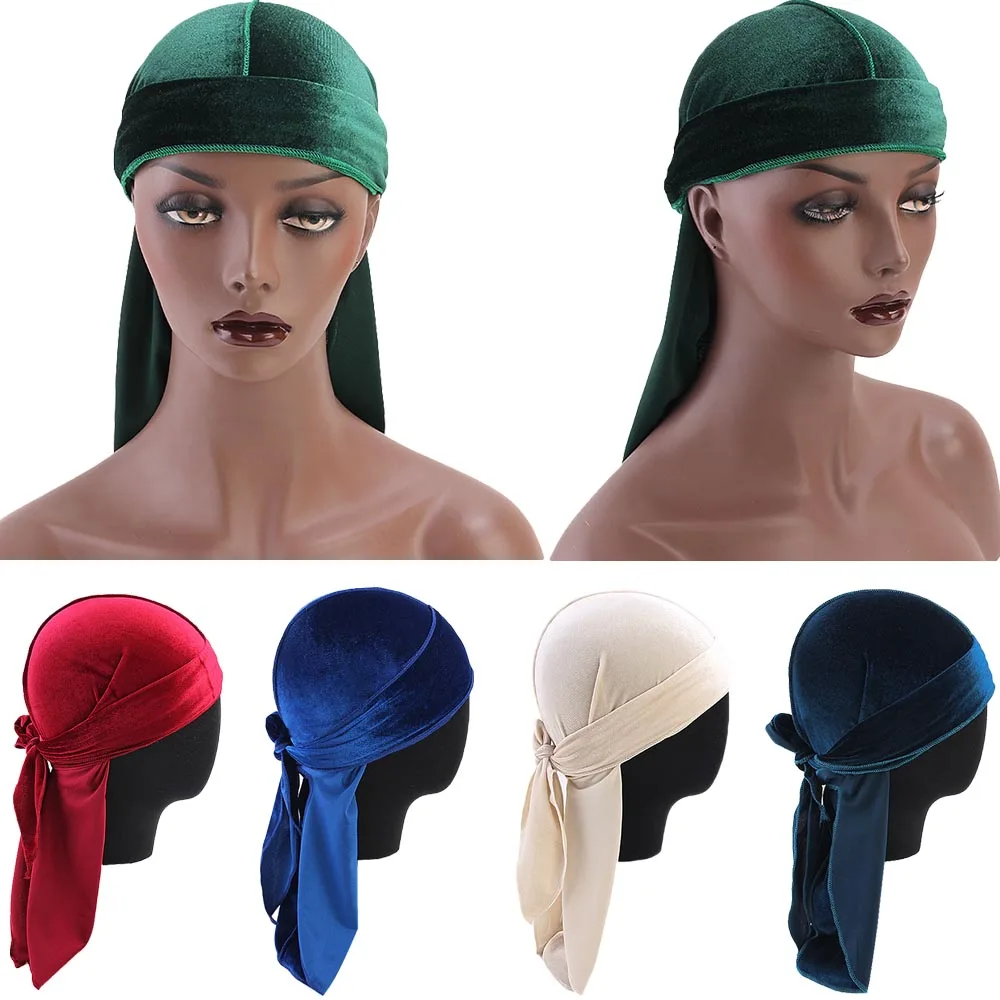 

Unisex Velvet Durag do doo du rag Long Tail Headwrap Men Women Breathable Bandana Hat Chemo Cap Solid Color Velvet Bandana Hats