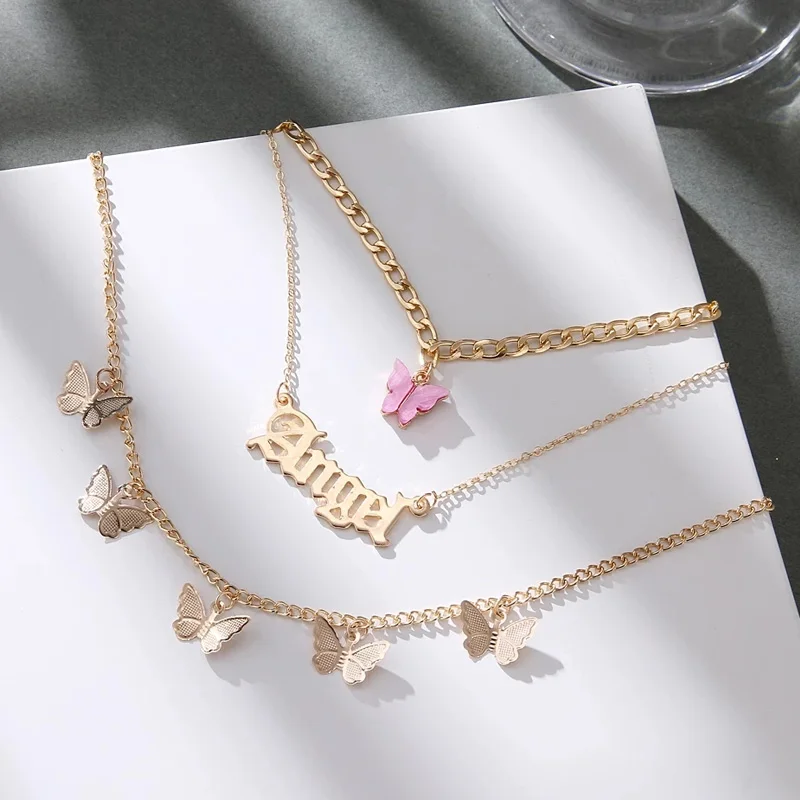 

Gold Chain Multilayer Butterfly Pendant Choker Necklace Women Statement Letter Collares Bohemian Beach Jewelry Gift Collier
