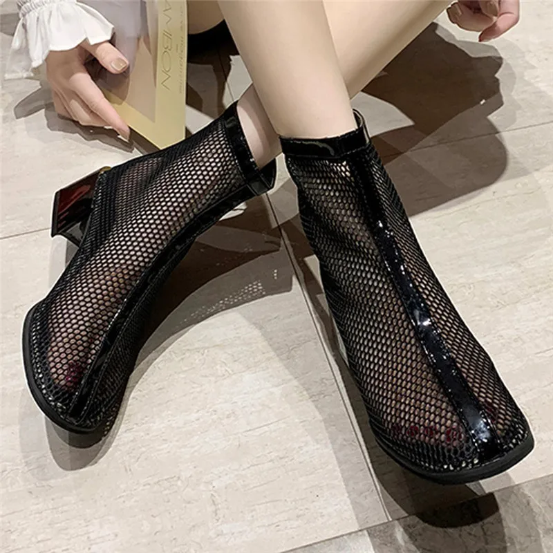 Женские ботильоны с круглым носком сетчатые на молнии спереди черные короткие