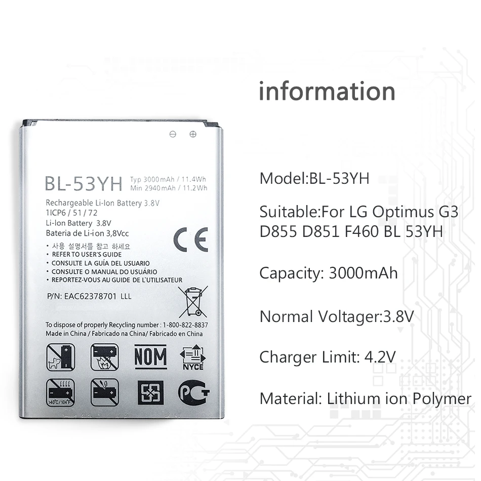 3000 мА/ч BL-53YH Замена Батарея для LG G3 F400 F400K F460 F470 D830 D850 VS985 D851 D852 D855 D857 D858 D859 LS990 |