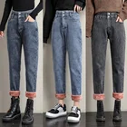 Новые зимние женские флисовые джинсы с высокой талией, бархатные утепленные сохраняющие тепло свободные брюки Harlan, женские джинсовые брюки