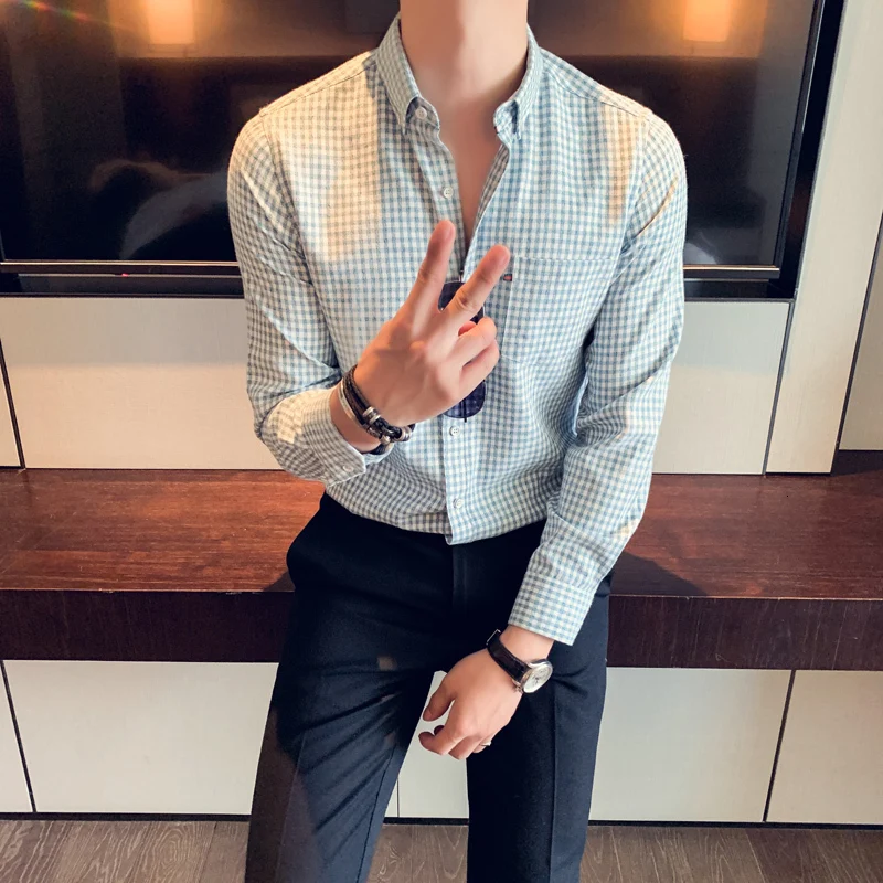 Мужская клетчатая рубашка Повседневная Свободная серого зеленого синего цветов