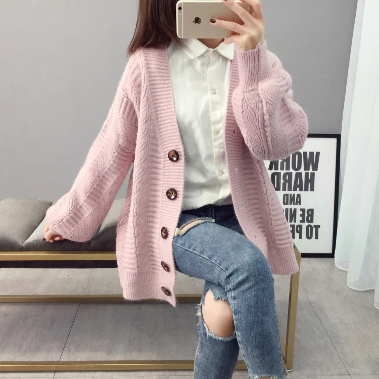 LM19078 Pink H. SA осенне-зимний вязаный свитер и кардиганы для женщин Свободный вязаный кардиган с открытой строчкой розовый джемпер зимний свитер пальто для женщин - Цвет: LM19078 Pink