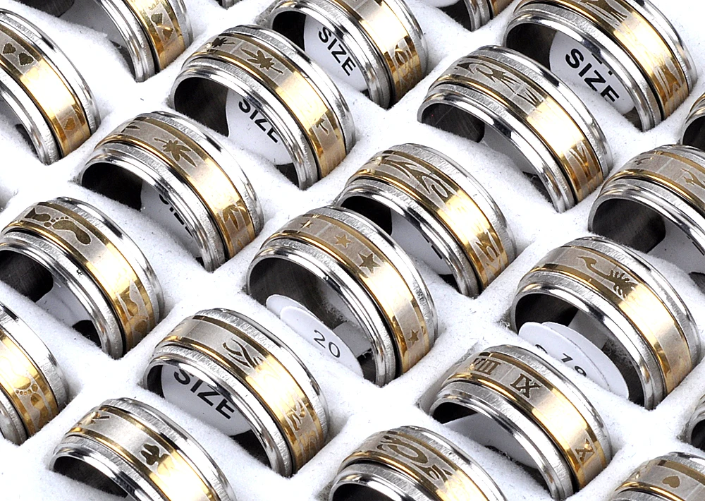 

Кольцо мужское Двухслойное из нержавеющей стали, вращающееся кольцо, цвет под золото и серебро, 36 штук