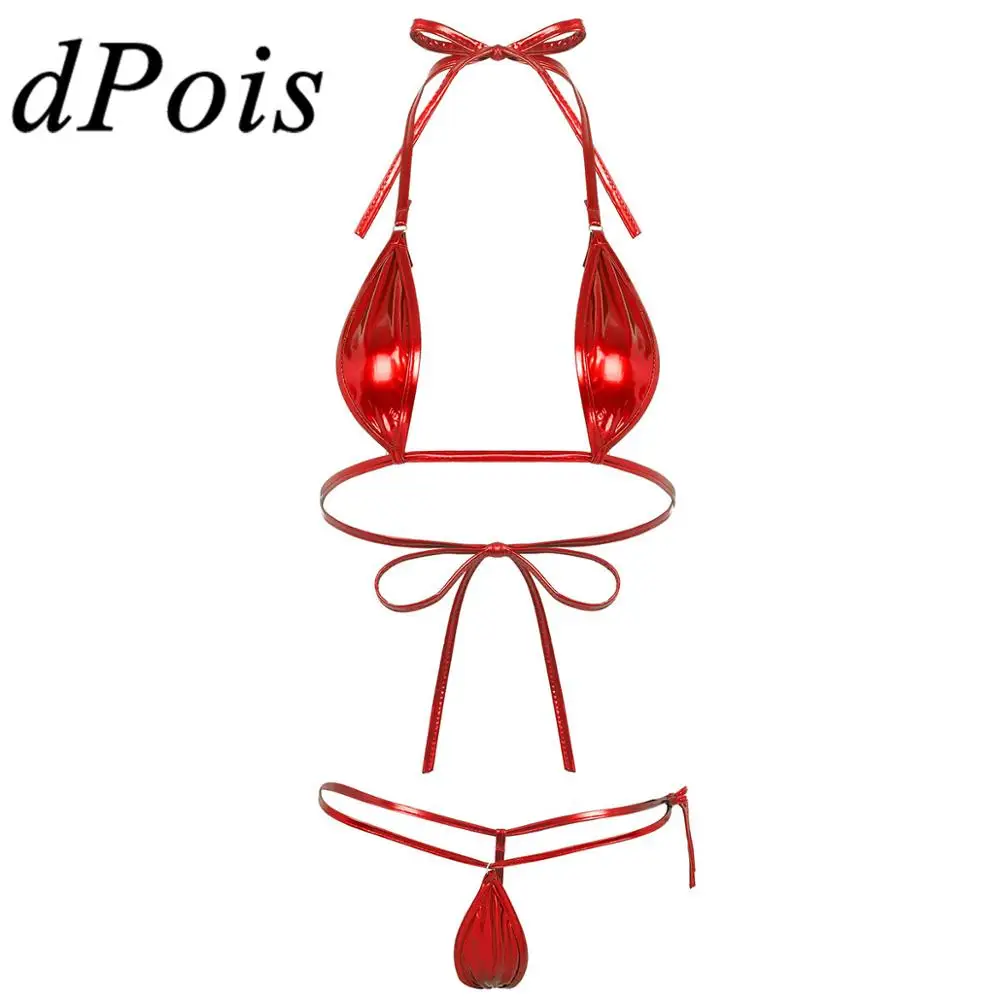 

Для женщин s Монокини топ-бюстгальтер трусы комплекты Блестящий металлический мини нижнее белье мини-бикини комплекты Для женщин трикини о...