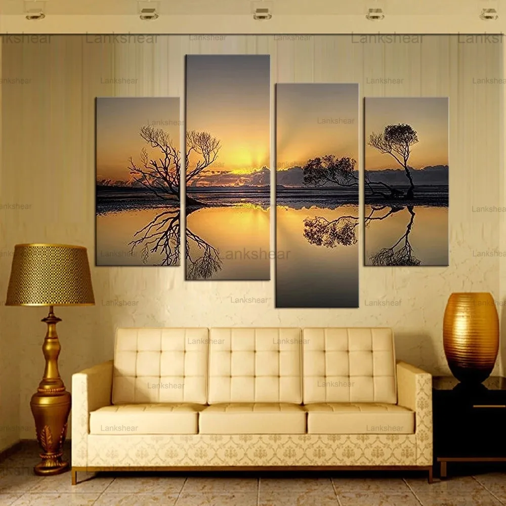 

Painting Canvas Unframed Landscape Sunset Sky Clouds Lake Trees Reflection Canvas Art Wall Poster and Prints Decorative Painting