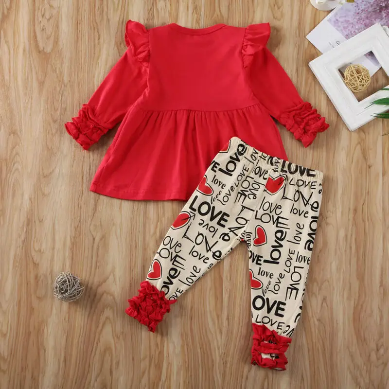 

UK Toddler Kids Baby Girls Valentine Clothes Ruffle Tops Dress Pants Love Outfit