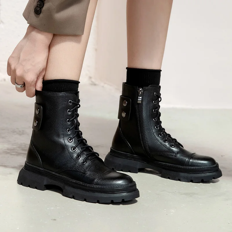 Online Sepatu Bot Martin Kulit Sapi Asli Sepatu Bot Pendek Bersol Tebal Sepatu Bot Pergelangan Kaki Datar Ritsleting Samping Gaya Inggris