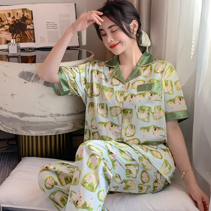 CAIYIER Sexy Nightwear Summer Short Sleeves Trousers Satin Pajamas Women Turn-down Collar Luxurious Atmosphere Silk Sleepwear